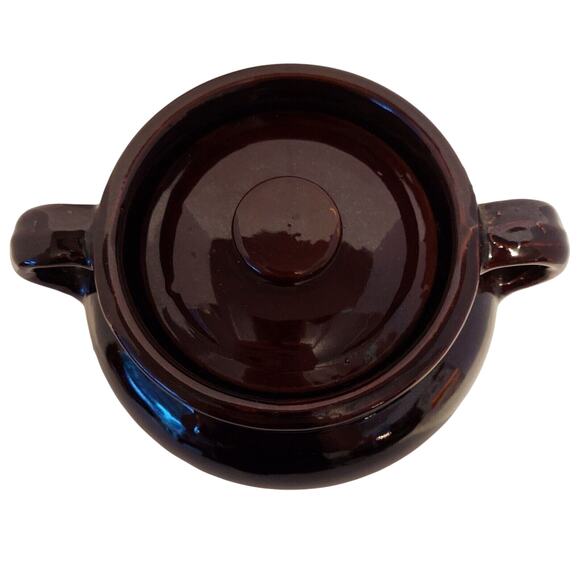 Bean Pot Brown Stoneware Ceramic Glazed 2 Handle Ovenproof w/Lid Antique Prim - Picture 2 of 16
